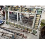 A LARGE VINTAGE METAL FRAMED GLAZED AND LEADED STAINGLASS WINDOW (H:188CM W:100CM)