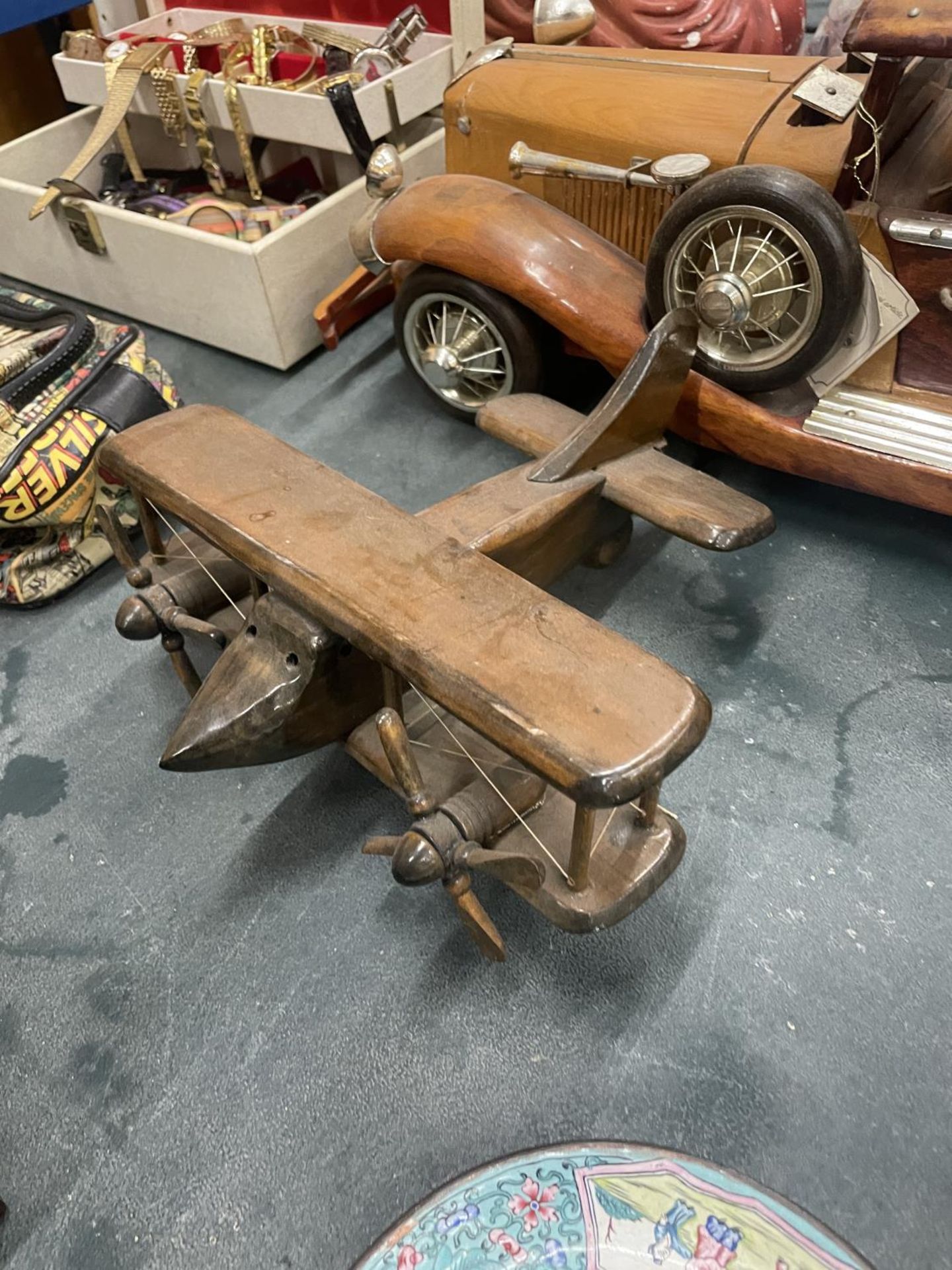 A LARGE WOODEN MODEL OF A CAR PLUS A SMALLER MODEL OF A BI-PLANE - Image 2 of 7