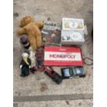 AN ASSORTMENT OF VINTAGE TOYS TO INCLUDE VEHICLES, TEDDIES AND BOARD GAMES ETC