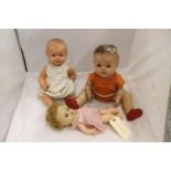 THREE VINTAGE DOLLS, TWO WITH INDISTINGUISHABLE NAMES ON THE NECK