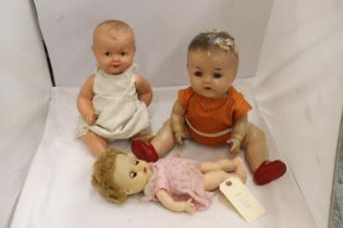 THREE VINTAGE DOLLS, TWO WITH INDISTINGUISHABLE NAMES ON THE NECK