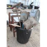 BIN OF GARDEN TOOLS AND TRESTLES NO VAT