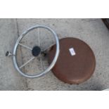STAINLESS STEEL BOAT STEERING WHEEL , VINTAGE FOLDING CAPTAINS STOOL WITH BRASS FIXINGS NO VAT