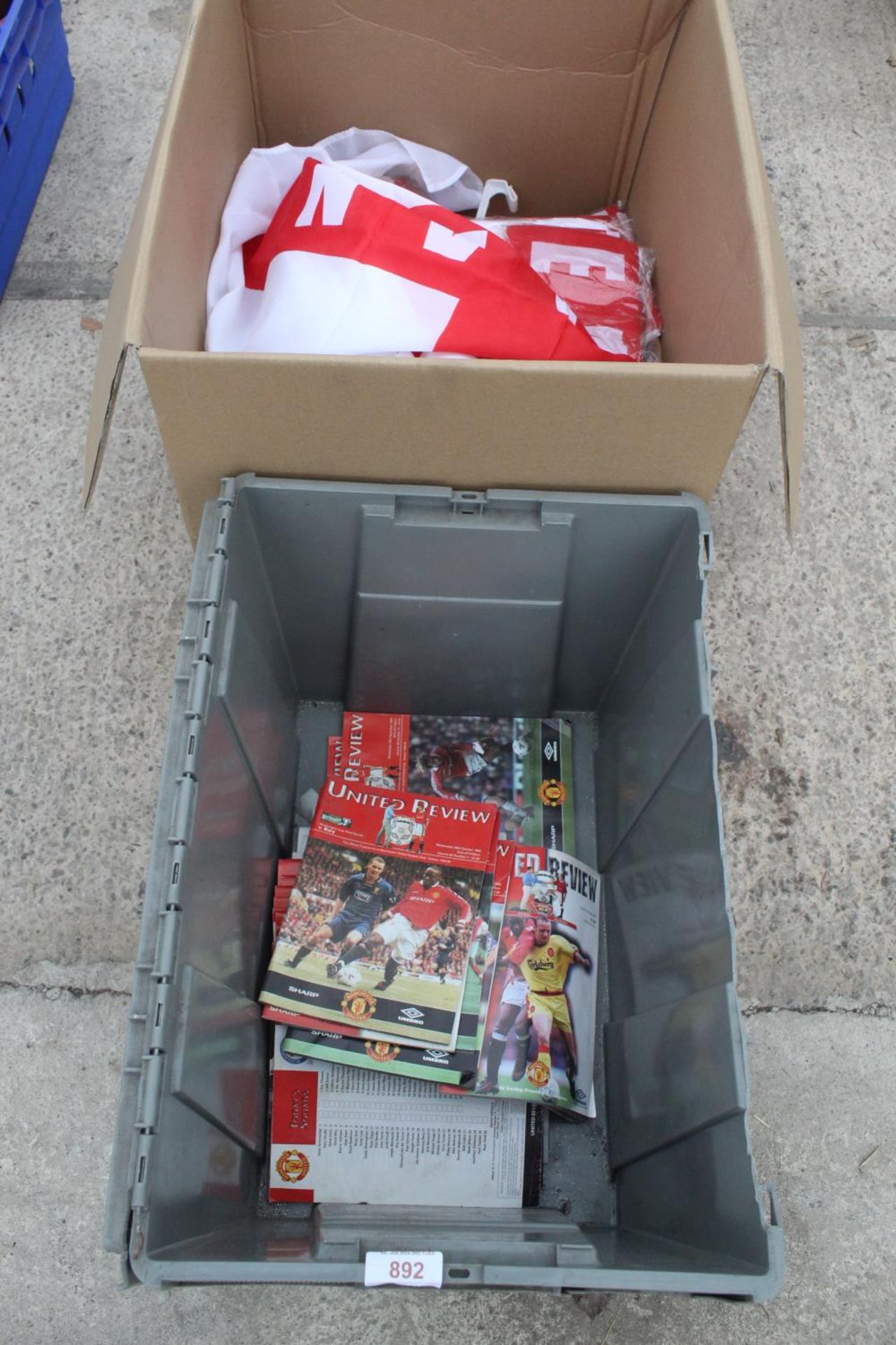 TWO BOXES CONTAINING ENGLAND FLAGS & MANCHESTER UNITED FOOTBALL PROGRAMS NO VAT