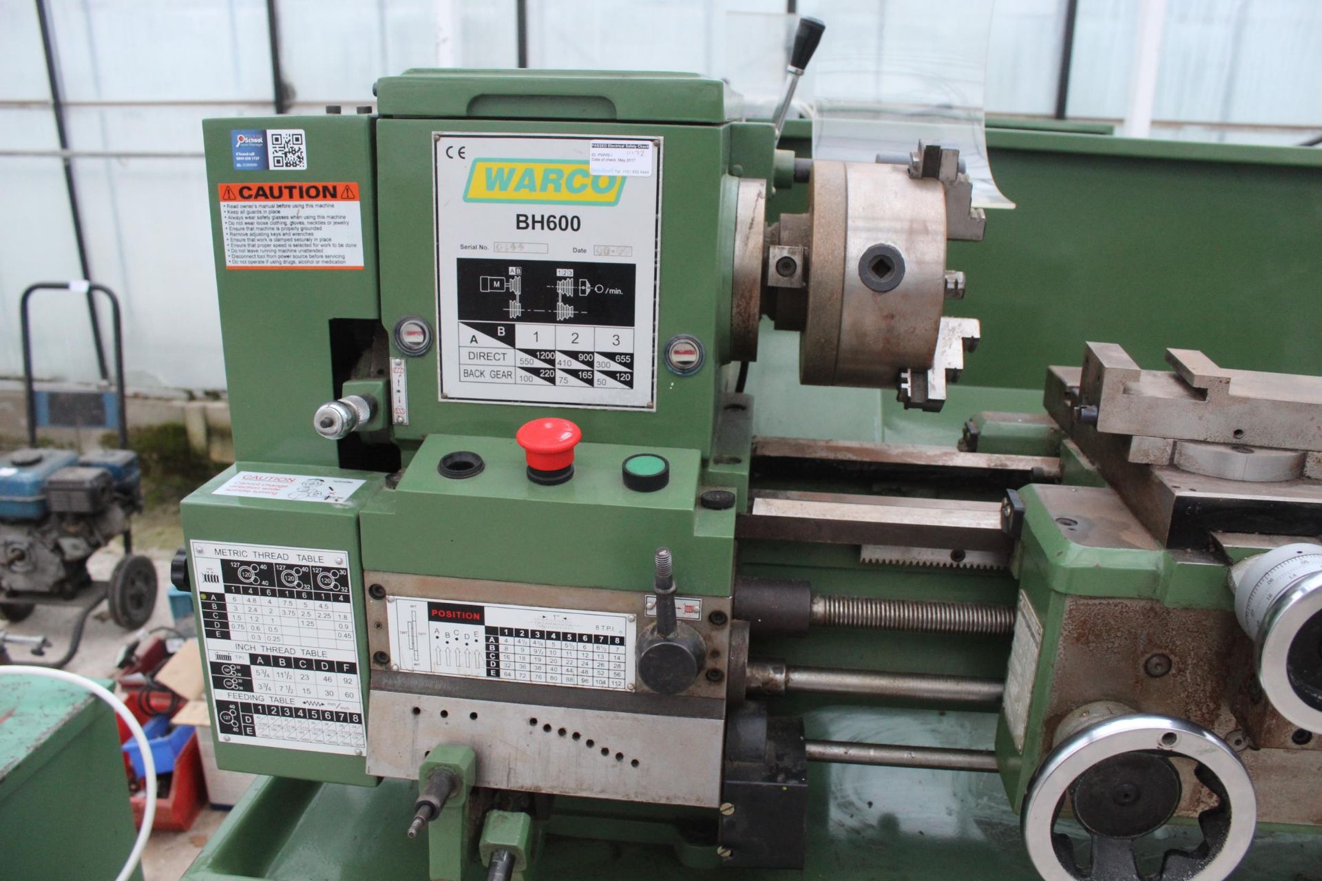 WARCO LATHE BH600 WITH 4 JAWS CHUCK UNTESTED NO VAT - Image 3 of 10