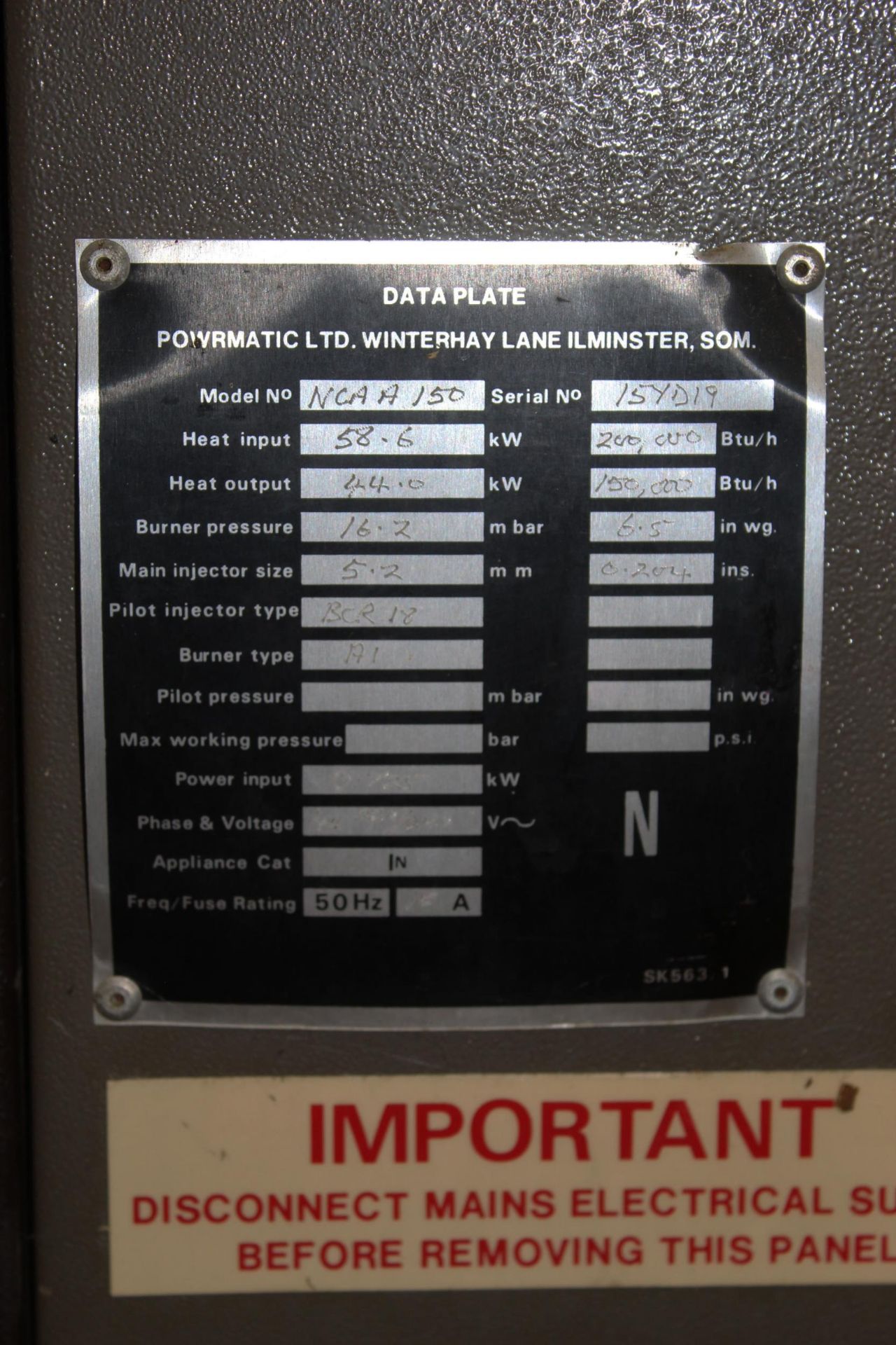 POWERMATIC NATURAL GAS NCA A150 200,000 BTU HEATER WITH CERTRAM PUMP + VAT - Image 4 of 4