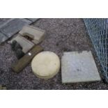 10 VARIOUS CONCRETE ITEMS INCLUDING 1 FLAG, 1 STEPPING STONE, 5 KERB STONES AND 3 NUMBERS + VAT