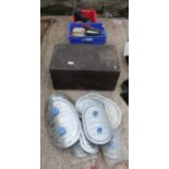 WOODEN BOX AND DRAIN PLATES AND 2 TUBS OF BATTERIES + VAT