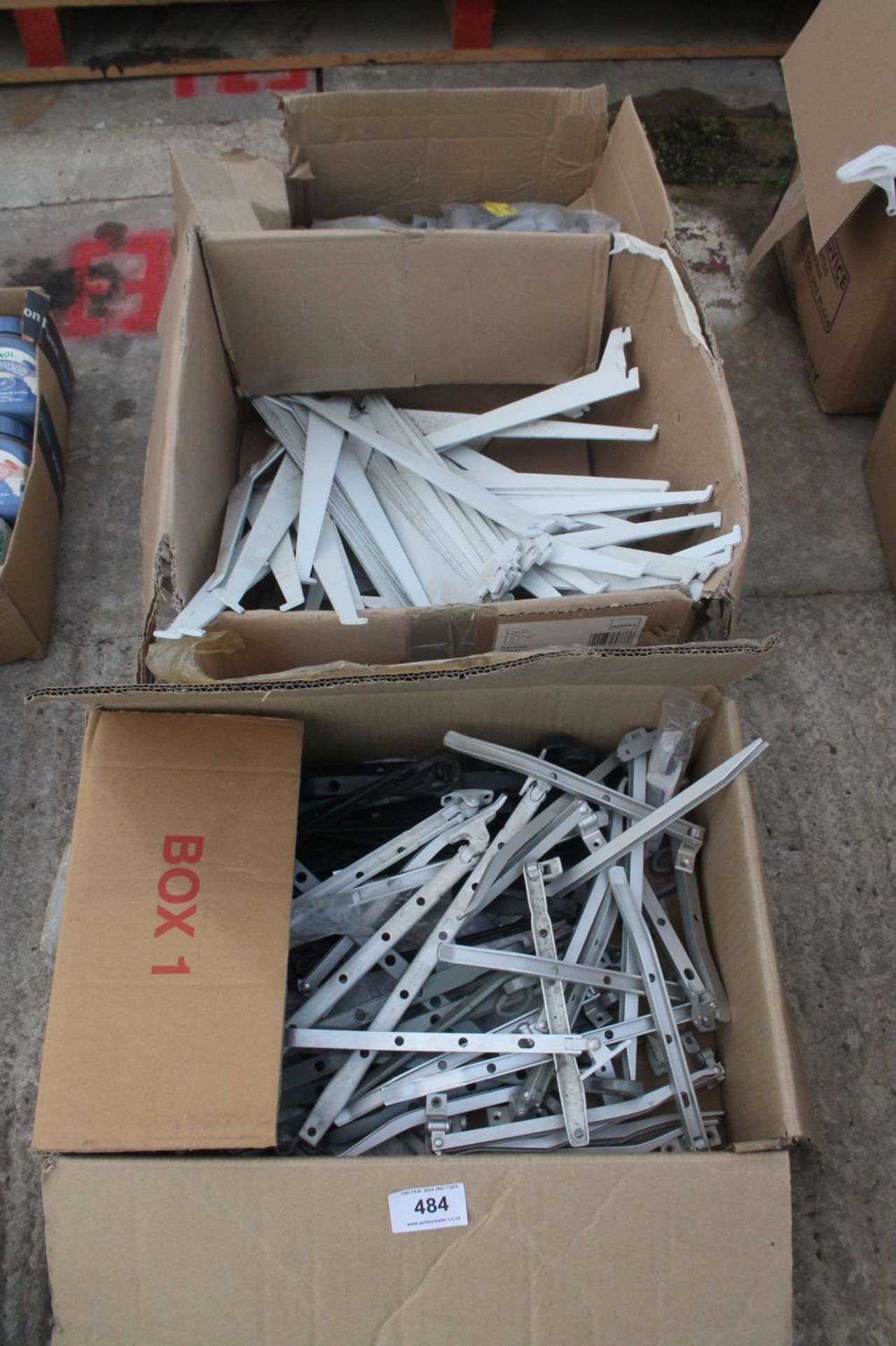 4 BOXES OF WINDOW LATCHES, SHELF BRACKETS ETC. + VAT