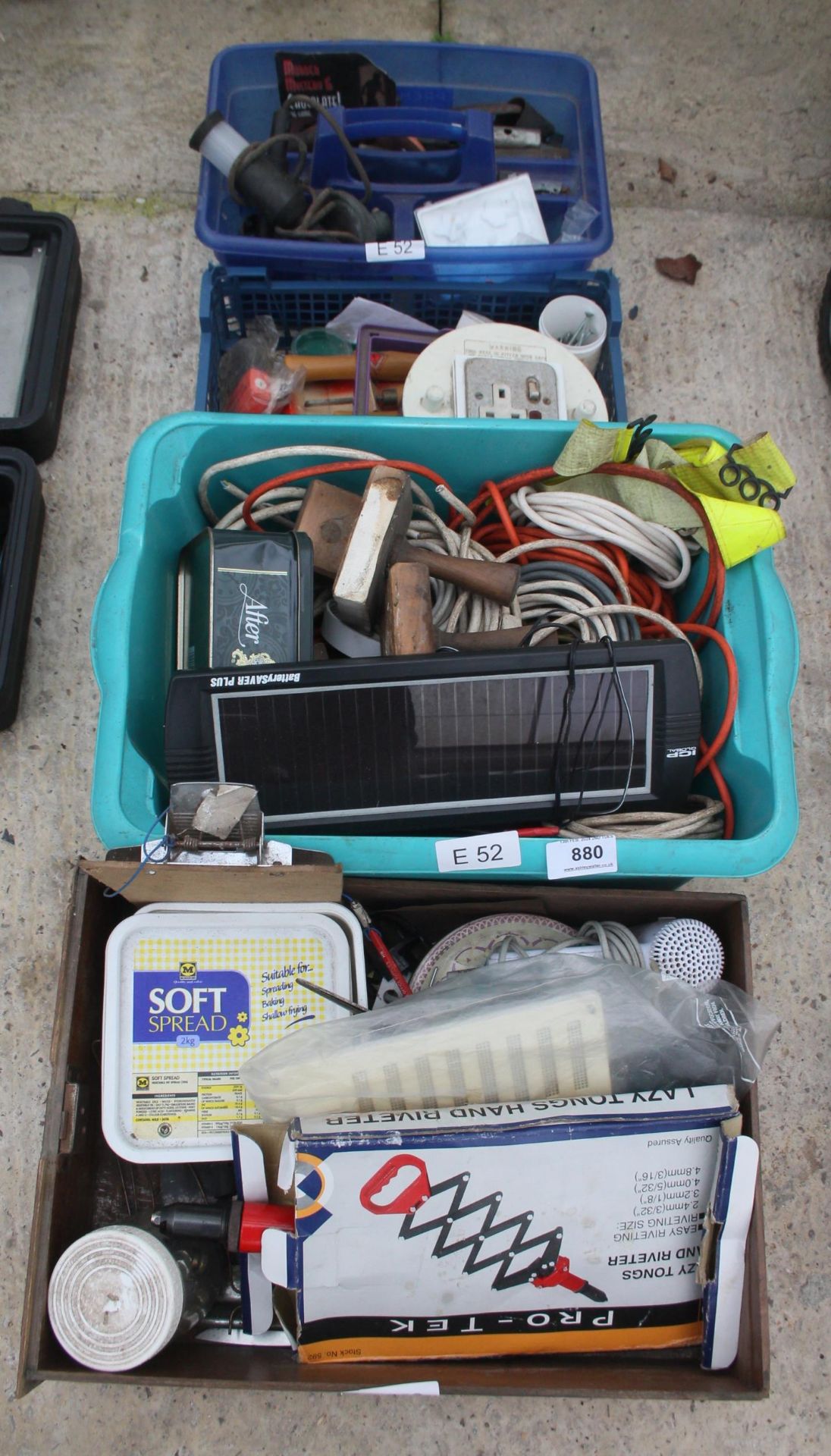 BOX OF SPANNERS/WOOD CARVING/EXTENSION CABLE & SOLAR PANEL - NO VAT