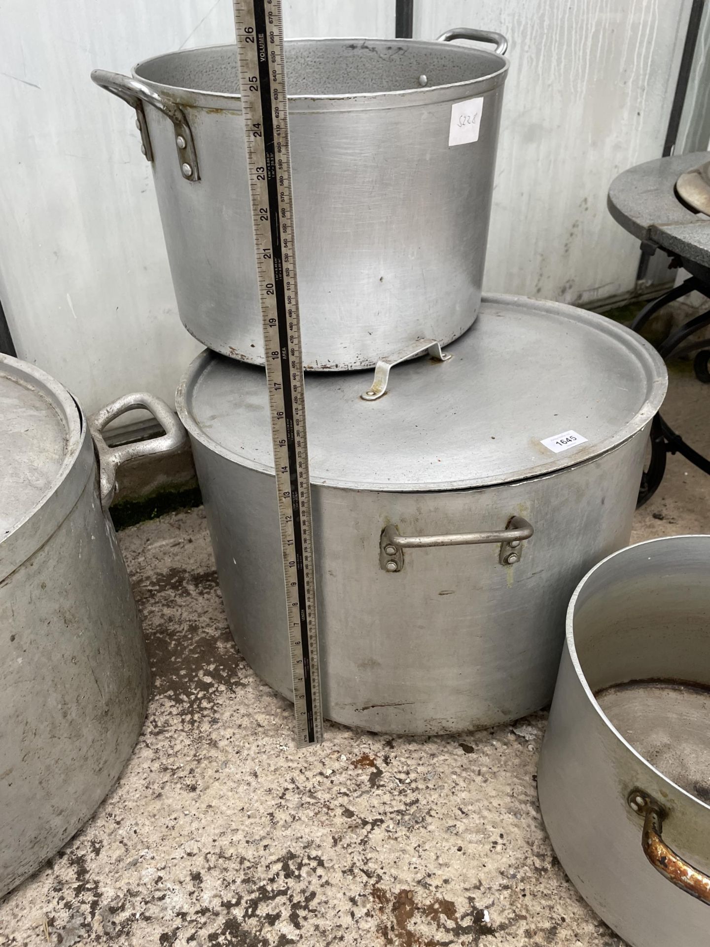 THREE LARGE ALUMINIUM COOKING POTS, ONE COMPLETE WITH LID - Image 2 of 6