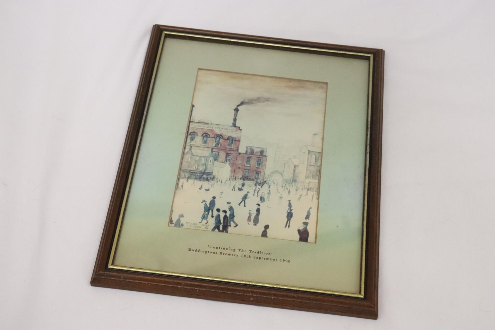 A LOWRY STYLE FRAMED PRINT ENTITLED "CONTINUING THE TRADITION" BODDINGTON BREWERY 18TH SEPTEMBER