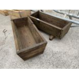 TWO SMALL WOODEN TROUGH PLANTERS