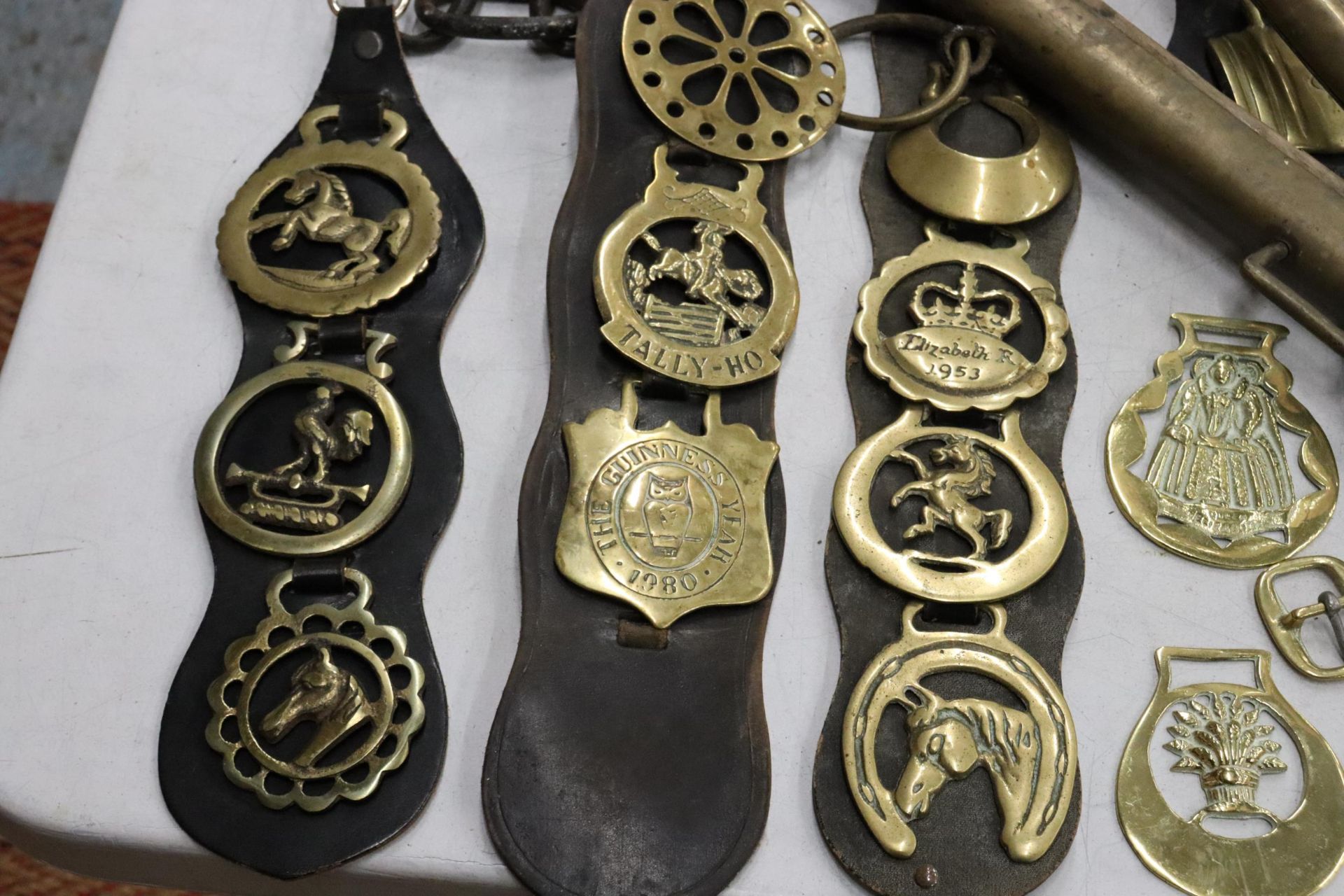 A LARGE COLLECTION OF VINTAGE HORSE BRASSES, ETC TO INCLUDE HORSE HAMES, HORSE BRASSES ON - Image 7 of 9