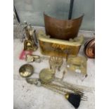 AN ASSORTMENT OF VINTAGE BRASS AND COPPER FIRESIDE ITEMS TO INCLUDE FIRE FENDERS, TRIVET STANDS,