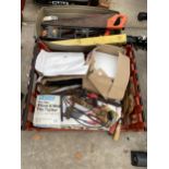 AN ASSORTMENT OF TOOLS TO INCLUDE A TILE CUTTER, SAWS AND RASPS ETC