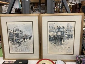 TWO SIGNED PRINTS, MARGARET CHAPMAN', OF VINTAGE STREET SCENES WITH TRAMS