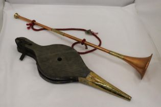 A COPPER AND BRASS HUNTING HORN AND A PAIR OF BRASS BELLOWS