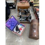 TWO VINTAGE SEWING MACHINES TO INCLUDE A SINGER AND A BSM, AND A FURTHER SEWING BOX AND CONTENTS