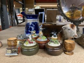 VARIOUS ITEMS TO INCLUDE BIRD MUSICAL BOXES, A HEREFORD BULL, JUG