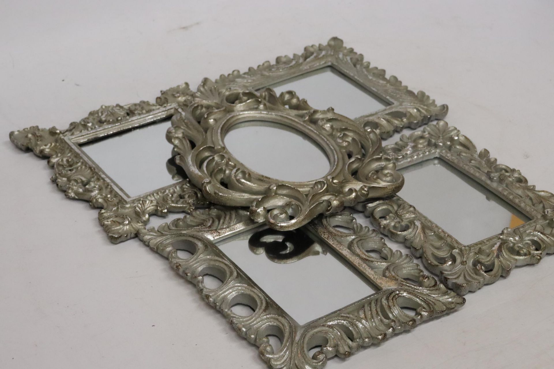 FIVE SMALL MIRRORS WITH ORNATE SILVER COLOURED FRAMES - Image 3 of 9