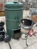 AN ASSORTMENT OF ITEMS TO INCLUDE A COMPOST BIN, A GALVANISED BUCKET AND A PLANT STAND ETC