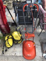 AN ELECTRIC FLYMO AND TWO ELECTRIC KARCHER PRESSURE WASHERS