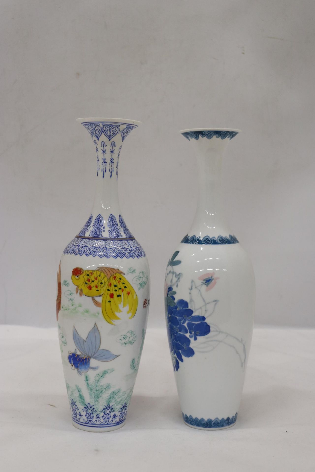 TWO VINTAGE CHINESE EGGSHELL HANDPAINTED VASES - KOI FISH AND FLORAL - Image 2 of 5