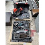 AN ASSORTMENT OF POWER TOOLS TO INCLUDE A SKILSAW RIP SAW AND A MAKITA ANGLE GRINDER ETC