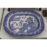A VINTAGE LARGE OLD FOLEY, BLUE AND WHITE WILLOW PATTERN, SERVING DISH, 45CM X 36CM