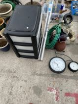 AN ASSORTMENT OF ITEMS TO INCLUDE A WATER FEATURE, A CLOCK IN THE SHAPE OF A BIKE AND A PLASTIC