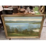 A LARGE GILT FRAMED SIGNED OIL ON CANVAS OF A LAKE SCENE 100CM X 69CM