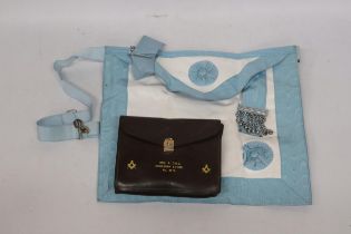 A MASONIMC APRON IN A LEATHER POUCH BELONGED TO BRO. A. DALE, GOULBURN LODGE, NO. 8478