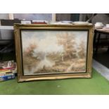 A LARGE GILT FRAMED PRINT ON CANVAS OF A RIVER SCENE AND A LADY, 109CM X 78CM