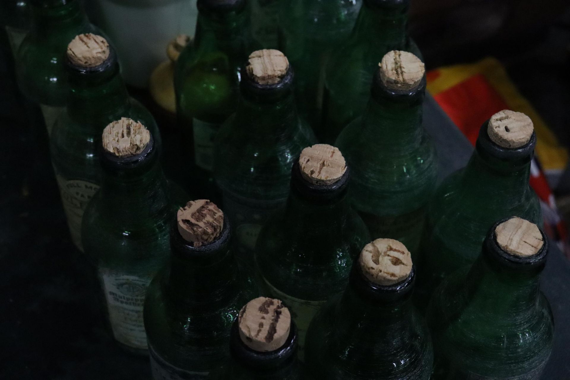 A LARGE COLLECTION OF VINTAGE GREEN BOTTLES WITH CORKS TO INCLUDE EXTRACT OF TOAD, SLUG REPELLENT, - Image 7 of 7