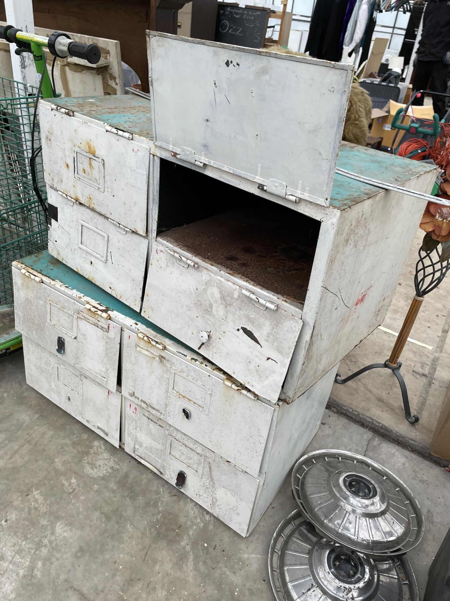 TWO VINTAGE INDUSTRIAL FOUR SECTION STORAGE UNITS WITH LIFT UP DOORS - Image 2 of 2