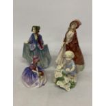 FOUR FIGURES TO INCLUDE THREE ROYAL DOULTON SWEET ANNE (A/F), MAY, THE PAISLEY SHAWL (A/F) AND A