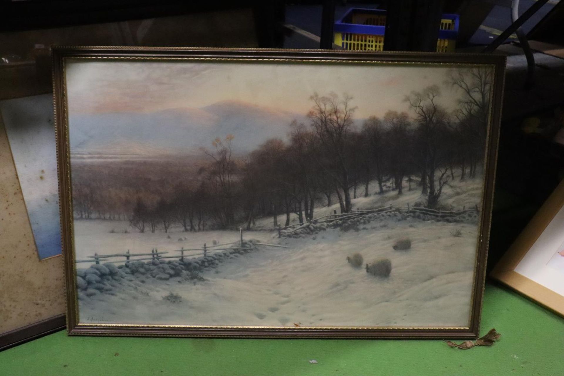 FOUR LARGE FRAMED PRINTS, TWO SHIPPING SCENES, A VINTAGE WOODLAND GLADE AND A J FARQUHARSON OF SHEEP - Image 3 of 5