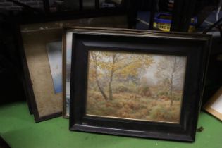 FOUR LARGE FRAMED PRINTS, TWO SHIPPING SCENES, A VINTAGE WOODLAND GLADE AND A J FARQUHARSON OF SHEEP