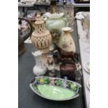 A MIXED LOT TO INCLUDE A BLUSH WARE VASE, WEDGWOOD COMMEMORATIVE CUP, LUSTRE BOWL, ETC.,