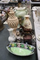 A MIXED LOT TO INCLUDE A BLUSH WARE VASE, WEDGWOOD COMMEMORATIVE CUP, LUSTRE BOWL, ETC.,