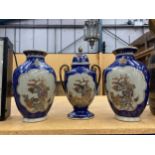 THREE LARGE DECORATIVE ORIENTAL PIECES TO INCLUDE TWO VASE AND A TWIN HANDLED LIDDED URN