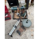 AN ASSORTMENT OF TOOLS TO INCLUDE A BOSCH DRILL AND STAND AND CLAMPS ETC