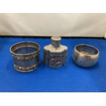 THREE SILVER ITEMS TO INCLUDE TWO HALLMARKED BIRMINGHAM NAPKIN RINGS GROSS WEIGHT 59.67 GRAMS