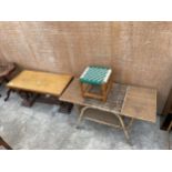 A RETRO TEAK COFFEE TABLE WITH CARVED ELEPHANT LEGS, A BAMBOO AND WICKER COFFEE TABLE AND SMALL