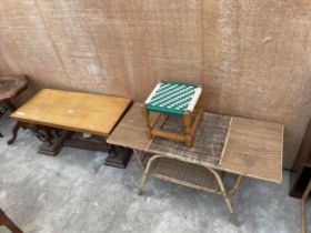 A RETRO TEAK COFFEE TABLE WITH CARVED ELEPHANT LEGS, A BAMBOO AND WICKER COFFEE TABLE AND SMALL