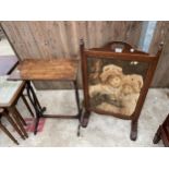 A MAHOGANY FRAMED FIRESCREEN AND A SMALL MAHOGANY TABLE