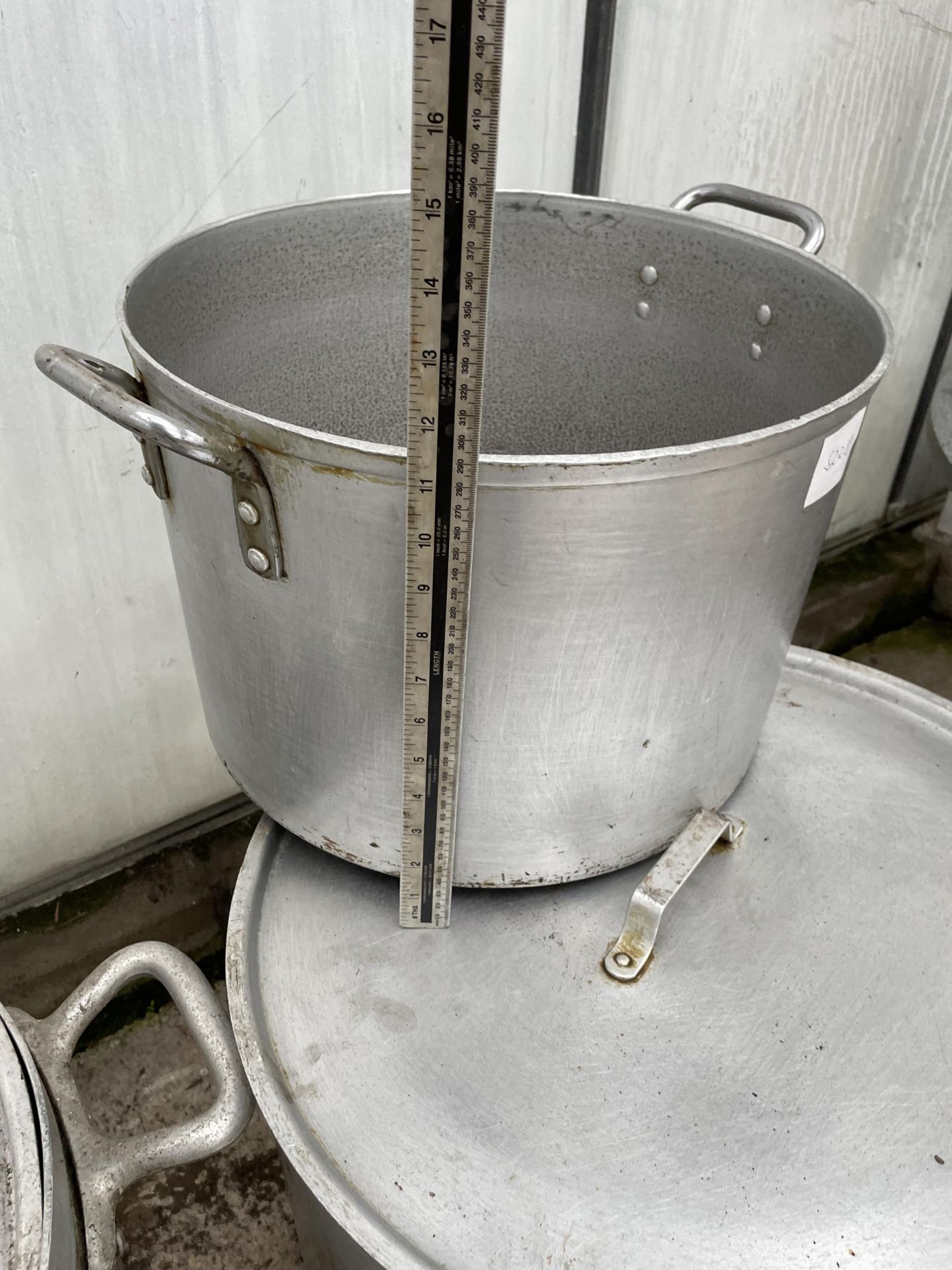 THREE LARGE ALUMINIUM COOKING POTS, ONE COMPLETE WITH LID - Image 6 of 6