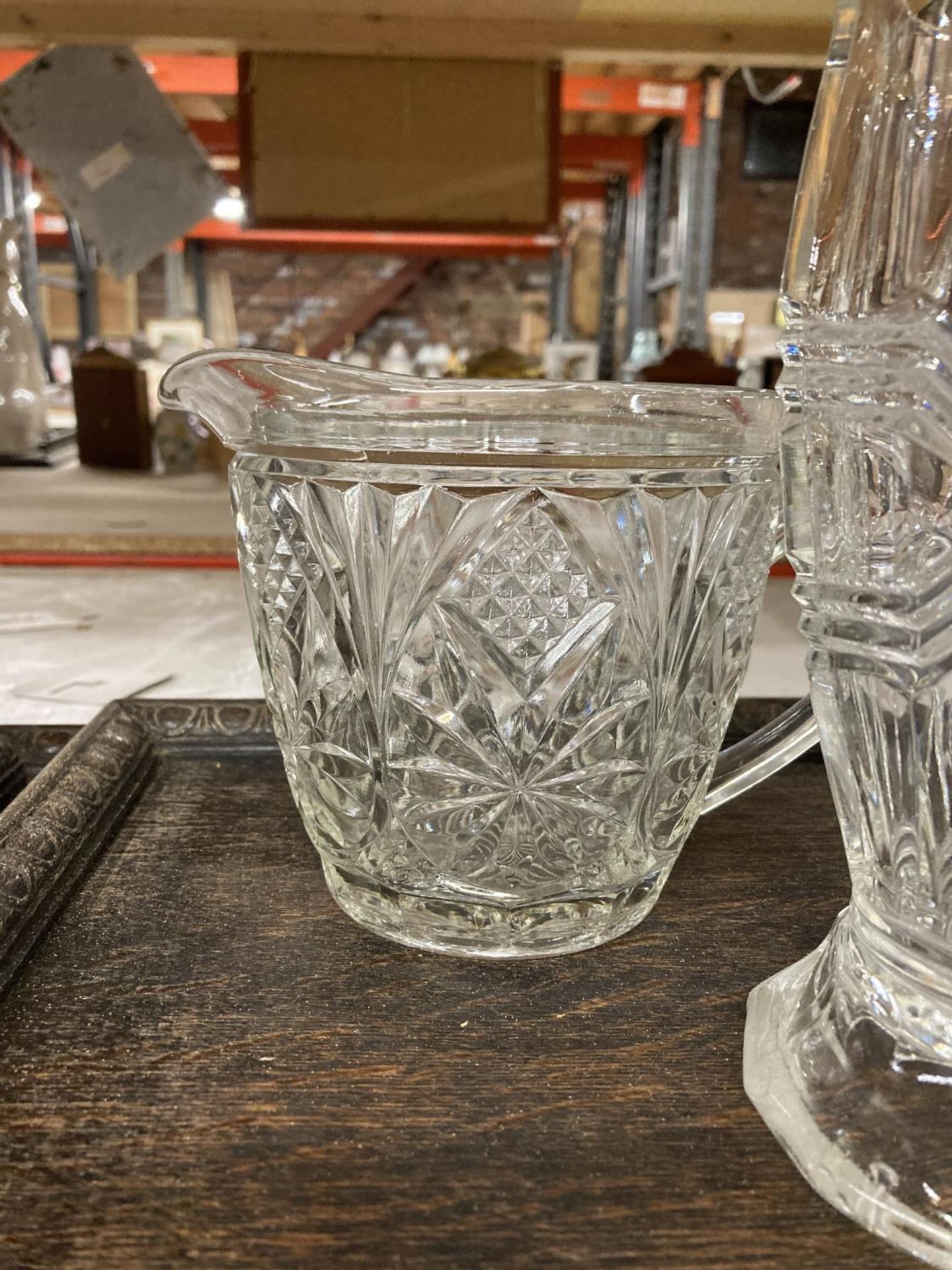 TWO VINTAGE OAK TRAYS WITH COPPER HANDLES STAMPED 'DUNSTAN', GLASS VASES, ETC - Image 3 of 4