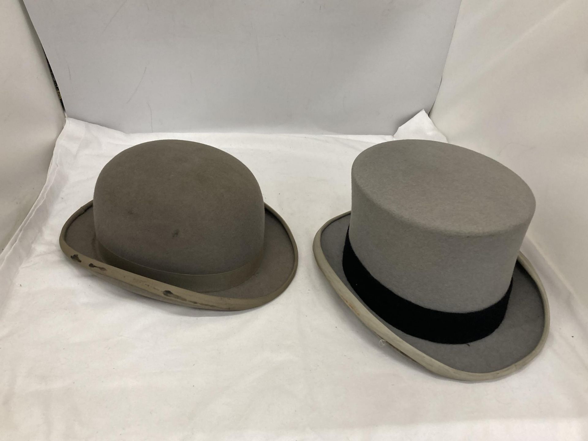 TWO GREY VINTAGE HATS TO INCLUDE A BOWLER DUNN & CO AND A TOP HAT - Image 2 of 6